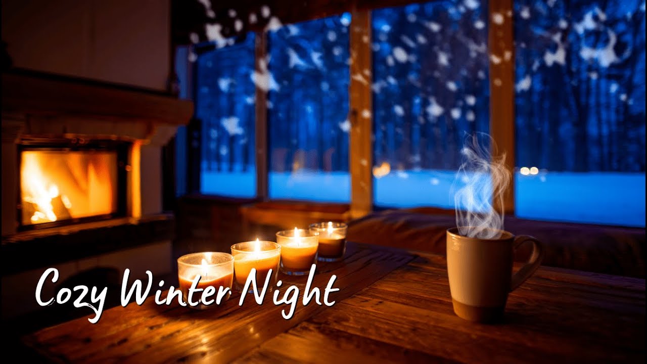Cozy Winter Cabin Ambience ❄️ Fireplace, Candlelight & Snowfall Outside | Relaxing Evening