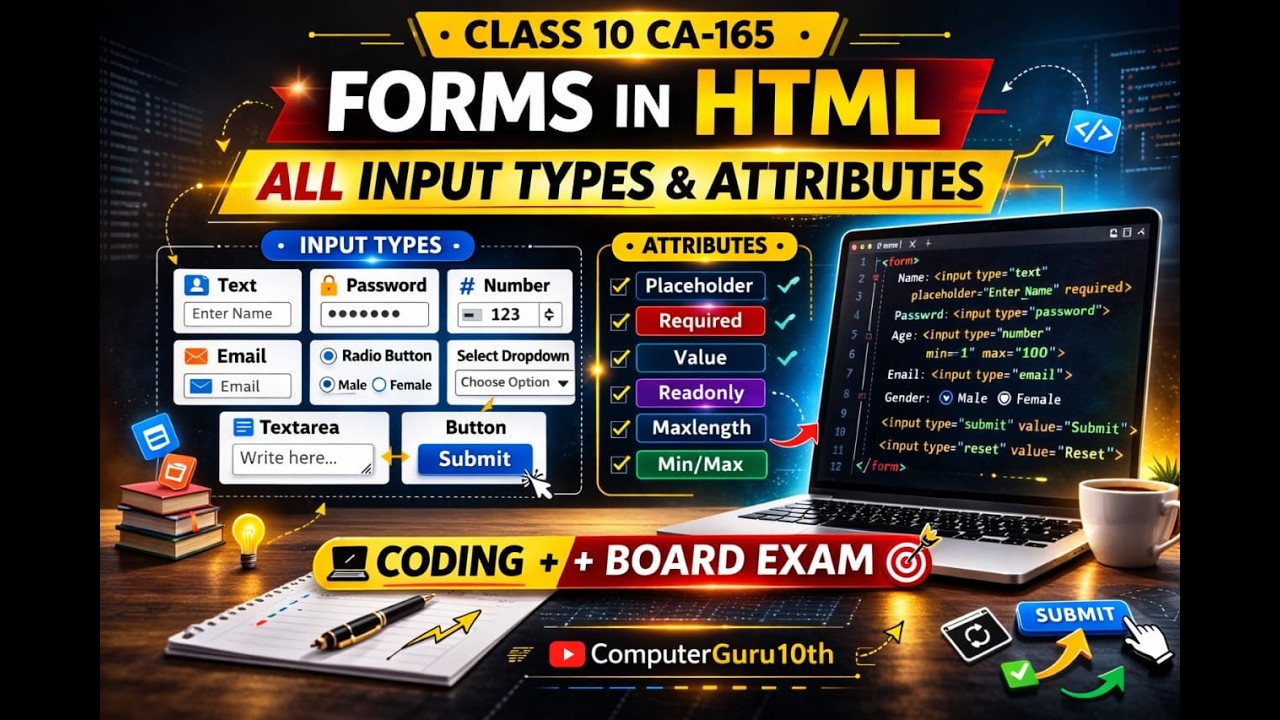 Class 10 CA-165 | HTML Forms All Input Types & Attributes (VS Code Practical) | Board Exam