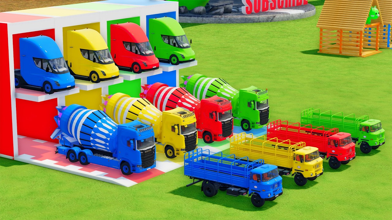 Garage with Colors - ALL MIXER TRUCK WITH DOUBLE FLATBED TRAILER TRUCK, TESLA, SCANIA, IFA - FS22