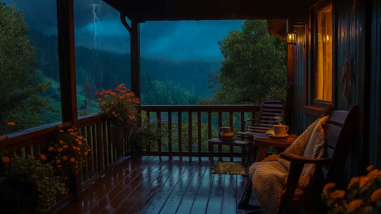 🏠Rain falls on the Porch, Balcony w/ Distant Thunder & Crackling Fireplace for Deep sleep & Study⛈️🔥