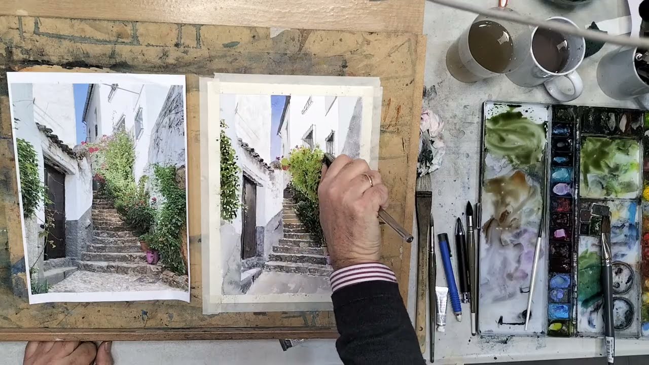 Aprendiendo a pintar un callejón de pueblo en acuarela, por Joaquín Puertas. 2 de 2.