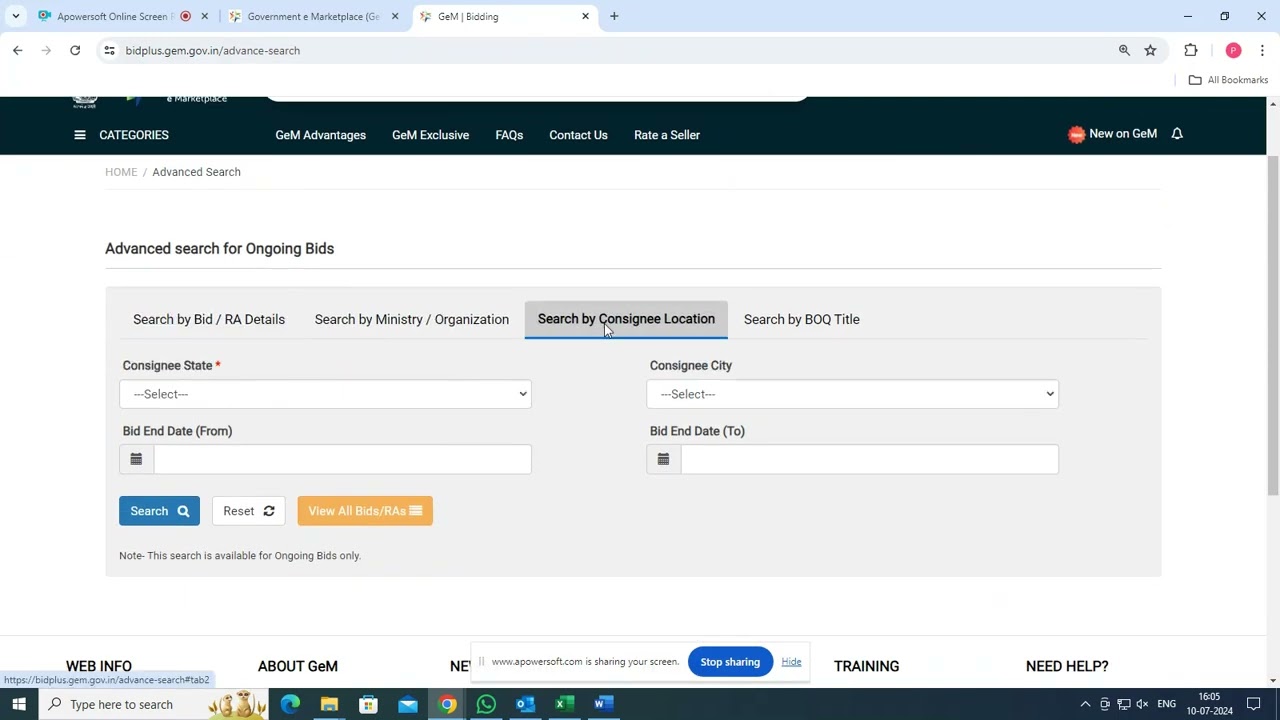 Searching Bids of Maharashtra on GEM portal
