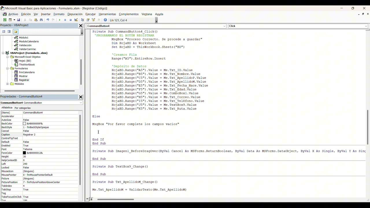 Capítulo 8: Crear botón para guardar los datos de un formulario n una tabla en excel