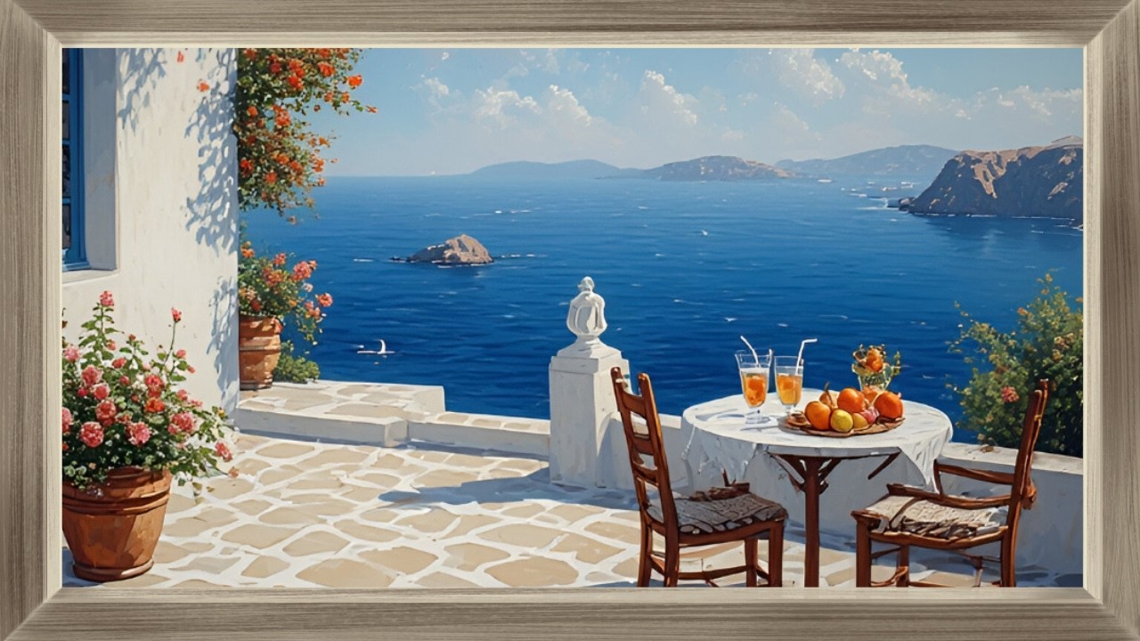 Arte para TV | Terraza con vistas al mar en Grecia 🌊 | Cuadro enmarcado (Loop)