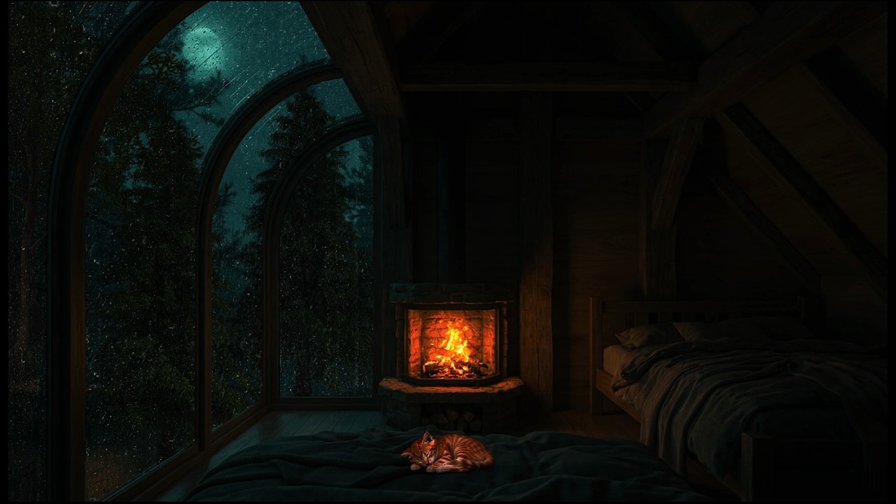 🌧️ Sleep Peacefully Tonight — Cozy Dark Bedroom Rain, Thunder & Crackling Fire (Insomnia Relief)