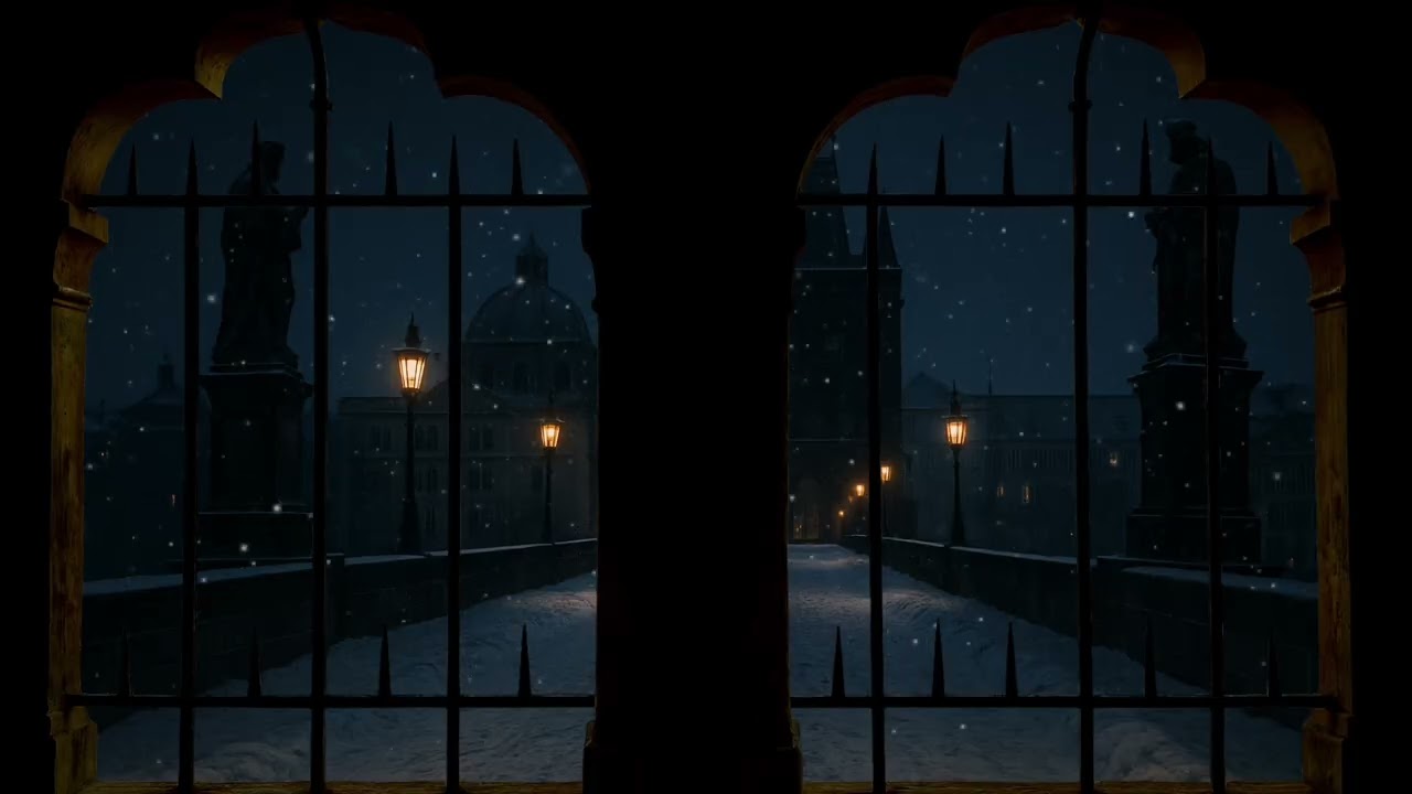 Prague window view 😳❤️‍🔥 enjoy snow fall in Prague . For 4k projector 