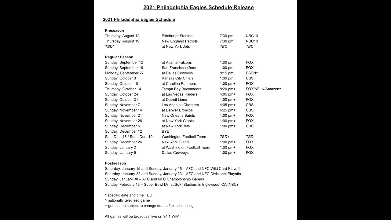 NFL releases 2021 Eagles schedule
