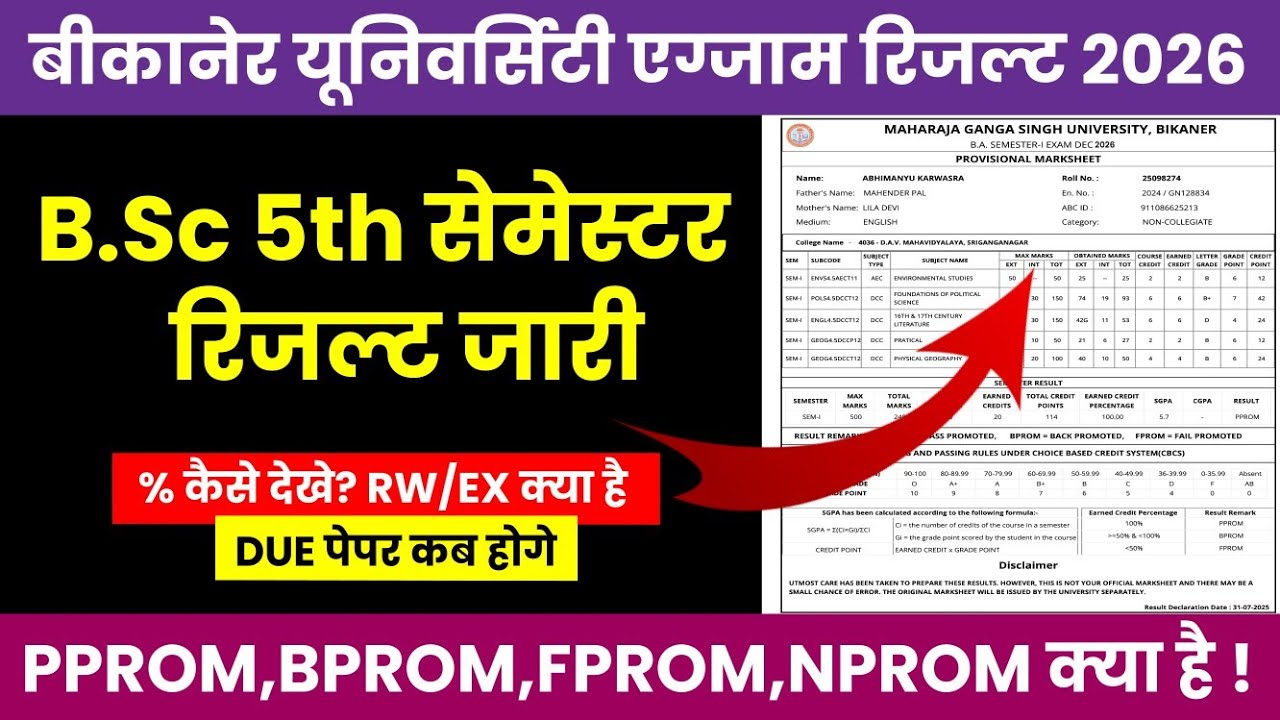Mgsu B.Sc 5th Semester Result 2026 Declare |Bikaner University B.A 1st, 3rd,5th Semester Result Kab