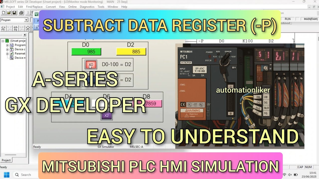 GX Developer : Subtract Data Register (-P) Mitsubishi PLC A-Series With HMI GOT2000 Simulation