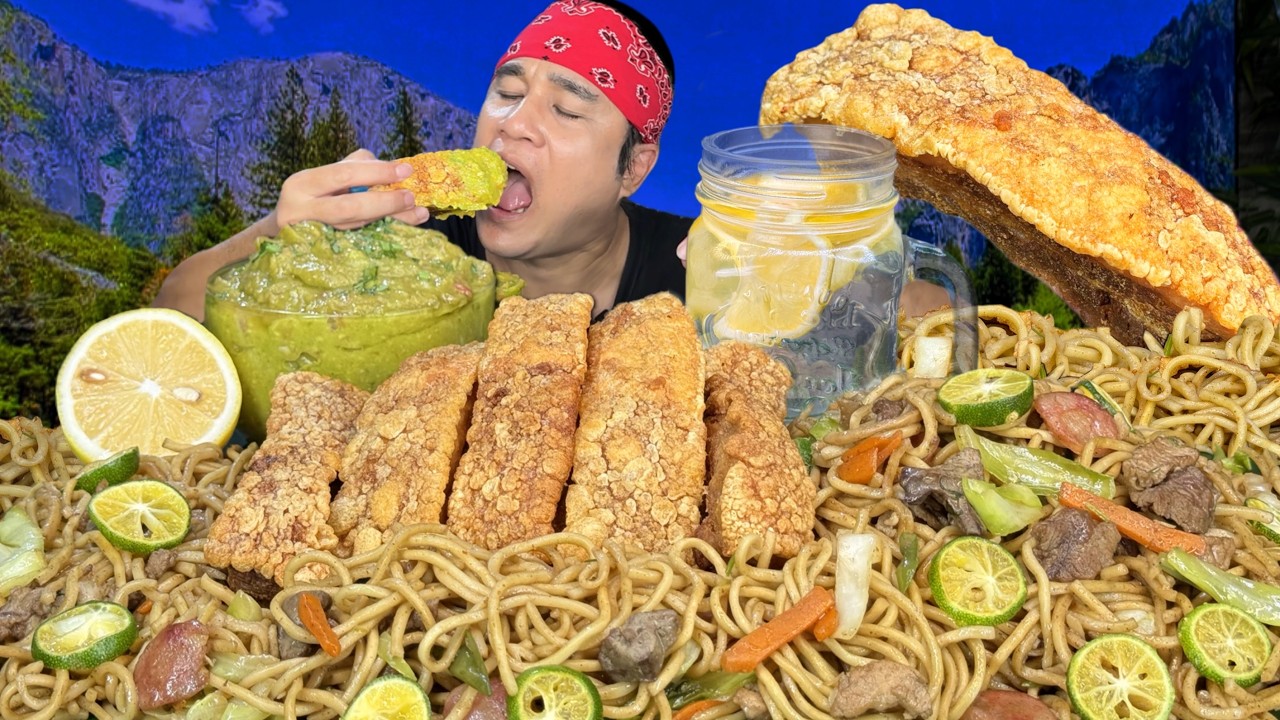 Pork Belly Chicharon with Special Sauce & Homemade Pancit Canton Mukbang Pinoy Mukbang