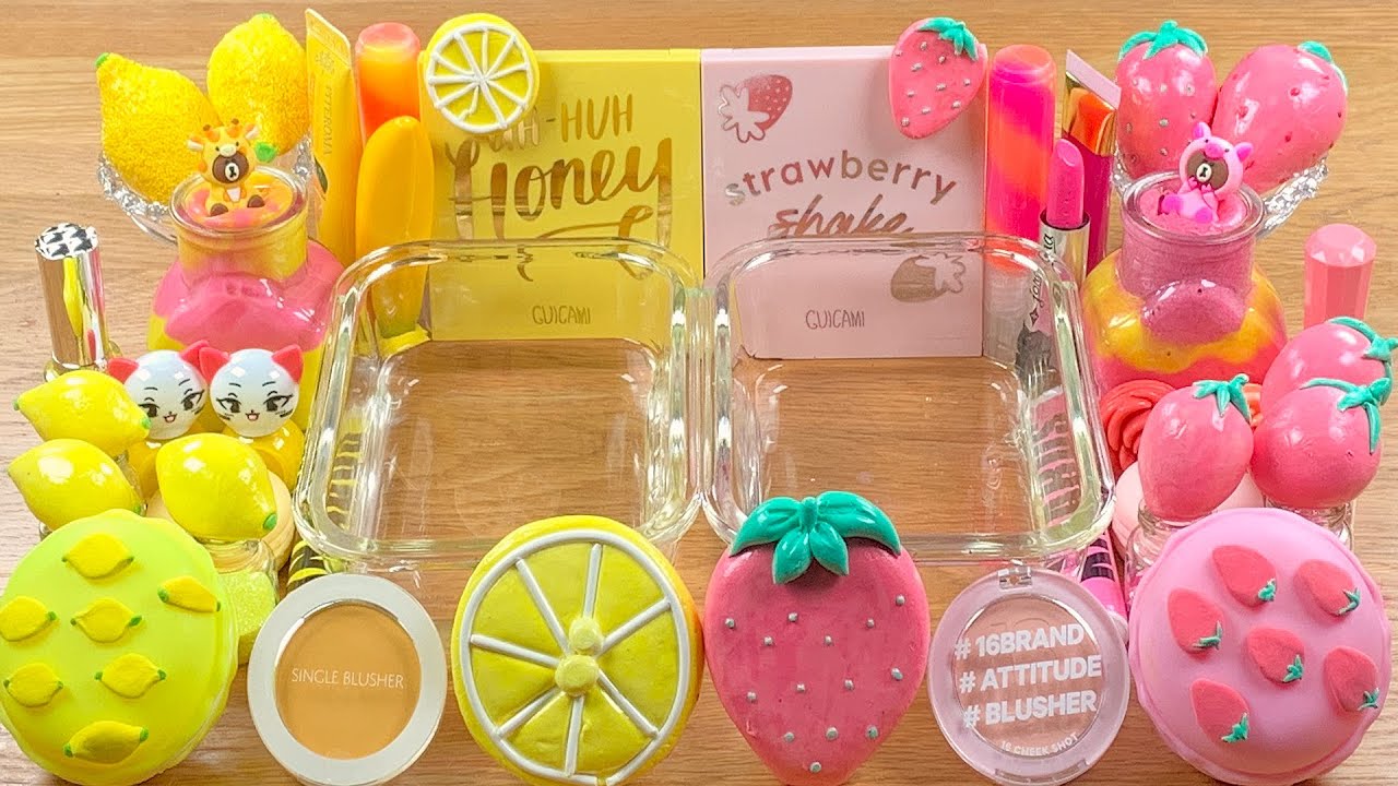 Yellow VS Pink w CLAY★Mixing makeup eyeshadow into SLIME★ASMR★Satisfying Slime Video #034