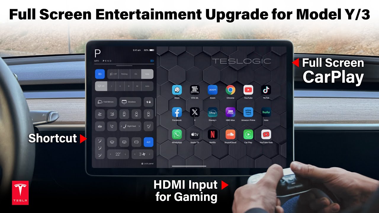 New Tesla Model Y/3 Full Screen Entertainment Display Upgrade / Apple CarPlay, Games & Much More!