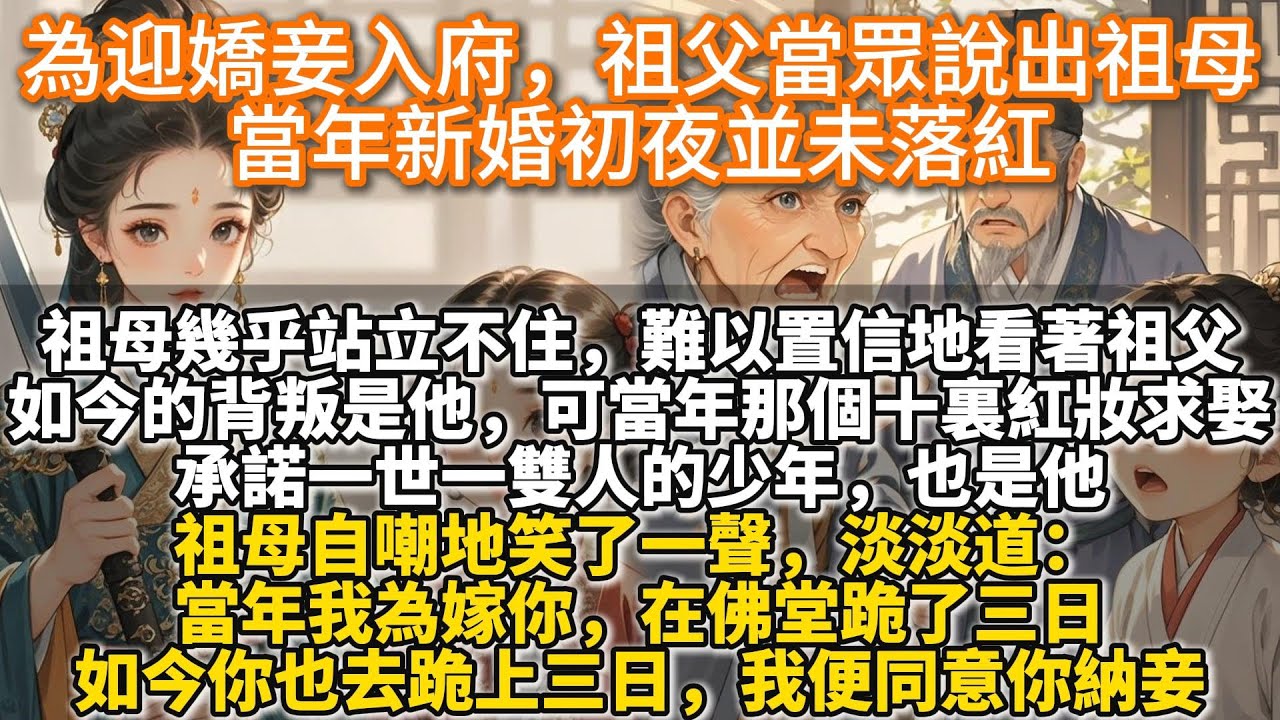 完結磨磨嘰嘰打臉文：為迎嬌妾入府，祖父當眾說出祖母當年新婚初夜並未落紅：當年我礙於郡主名聲，認下這事，可不代表我沒有心結。夫妻二十餘載，我獨獨守你，也算全了對你的承諾，如今我年紀大了，想為自己而活。