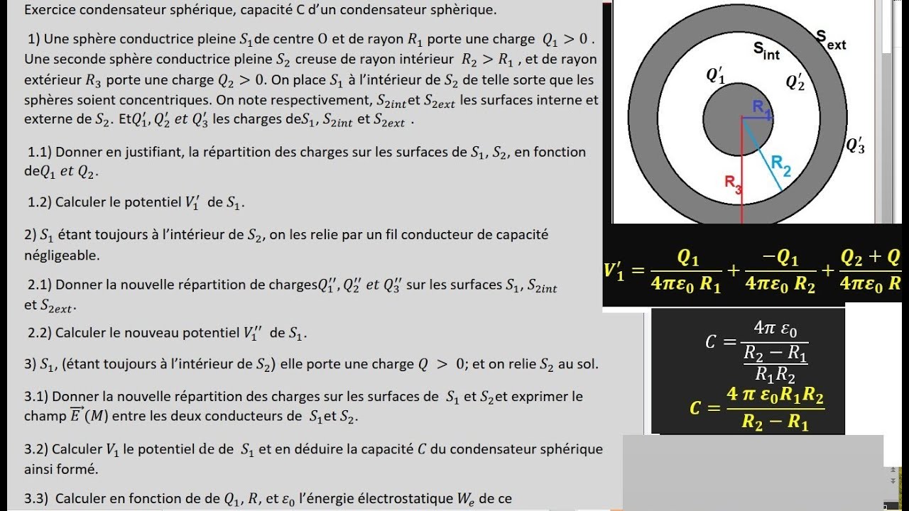 Exercice condensateur sphérique, capacité C d’un condensateur sphérique. Champ et potentiel