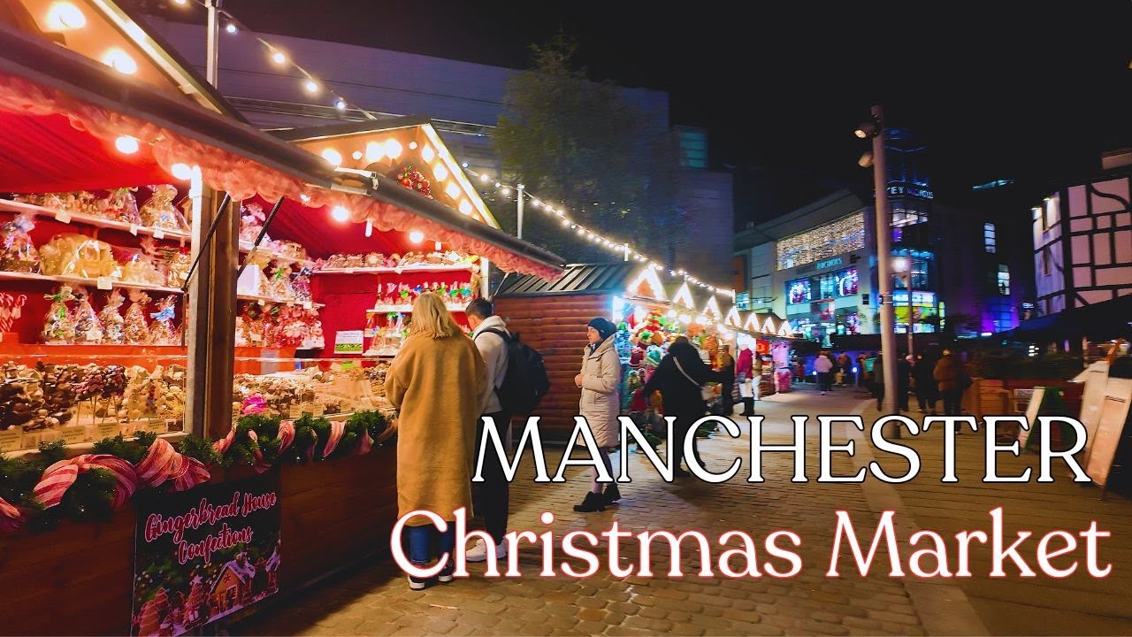 Manchester Christmas Market Walkthrough at Night. 4K Video