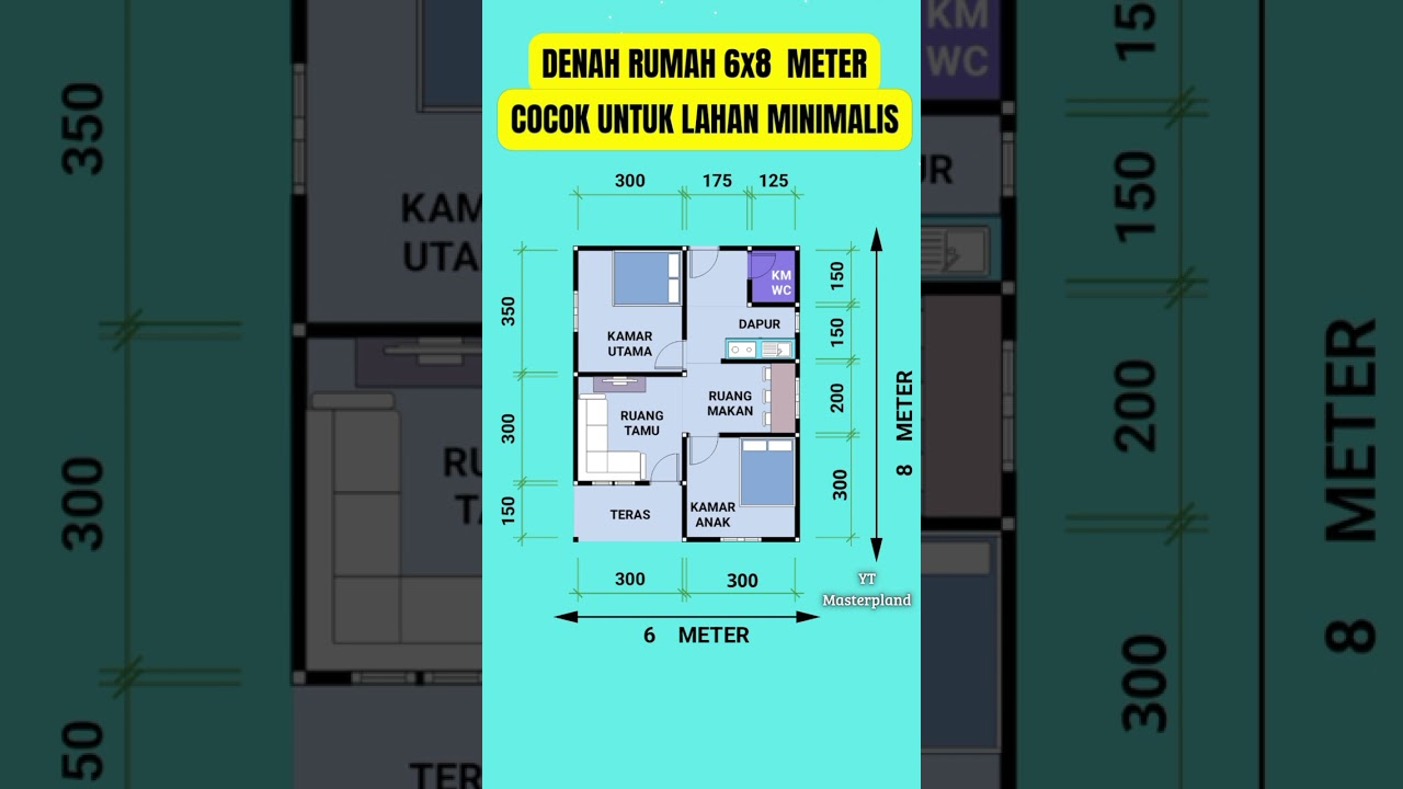 Desain Rumah 6x8 Meter Minimalis | 2 Kamar Tidur + Ruang Tamu & Dapur
