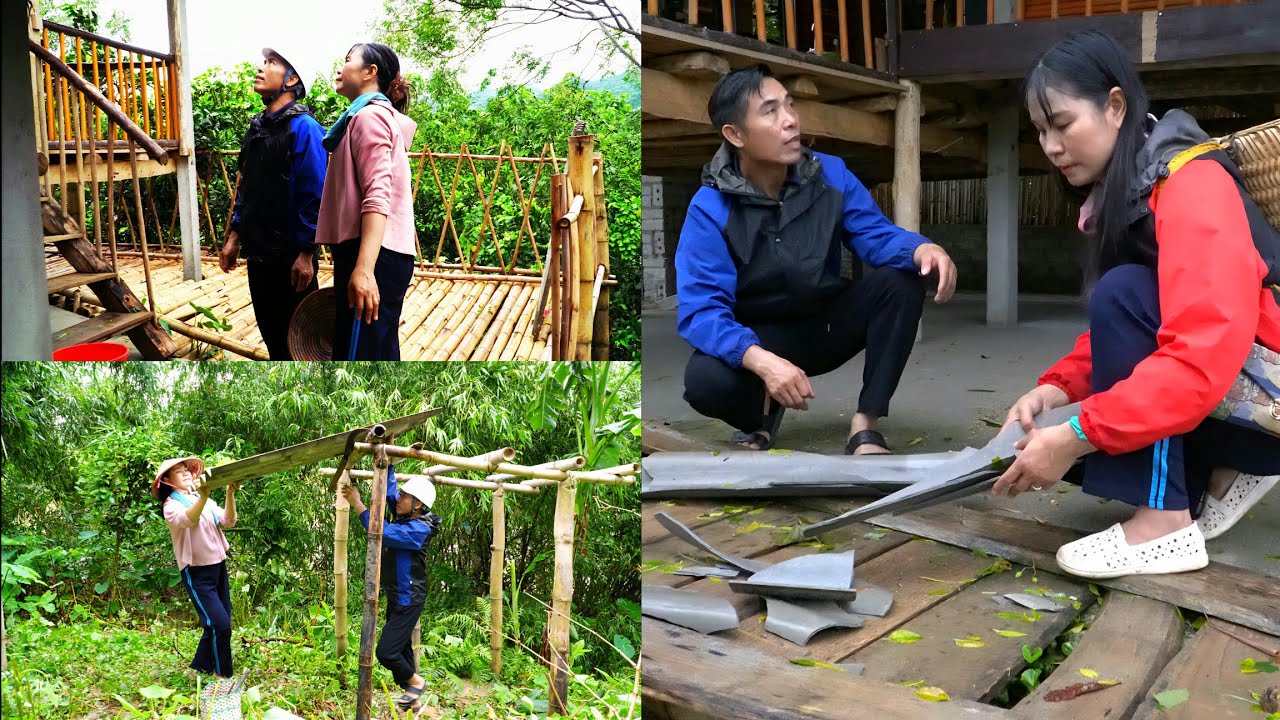Post-storm cleanup &ndash; a touching moment as Mến shares the heavy work with Th&uacute;y.