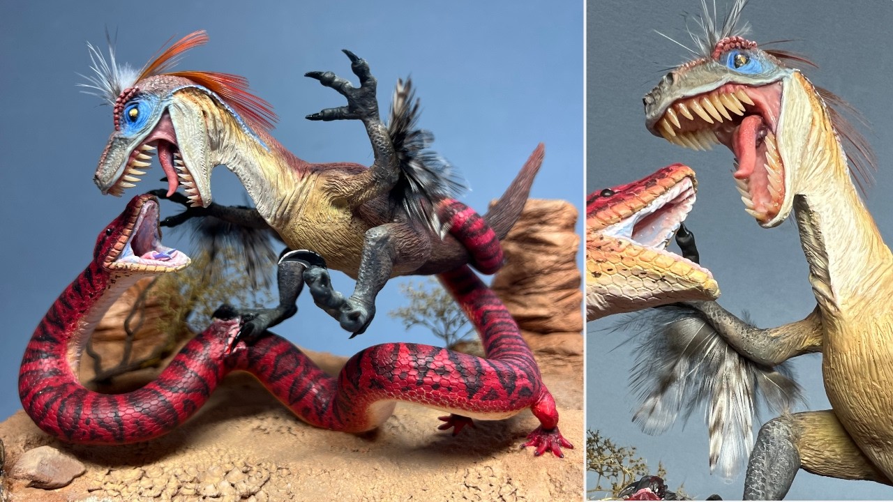Velociraptor VS Prehistoric Snake WITH LEGS! Diorama, Polymer clay
