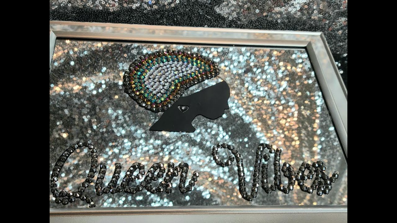DIY DOLLAR TREE GLAM MIRROR WALL ART- HOW TO PUT AFRO LADY VINYL DECAL & RHINESTONES ON MIRROR