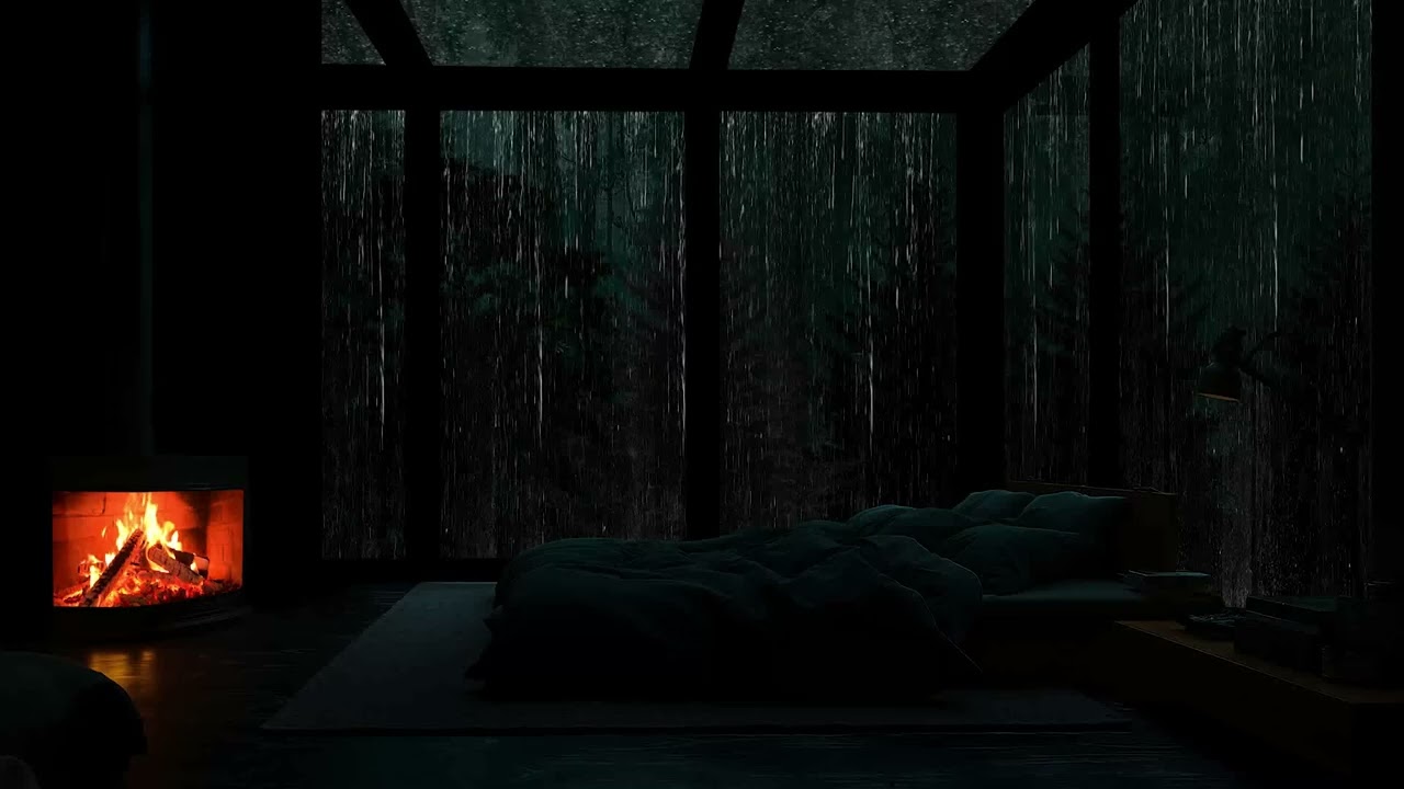Listening to the steady rain outside a warm cabin, surrounded by trees and darkness