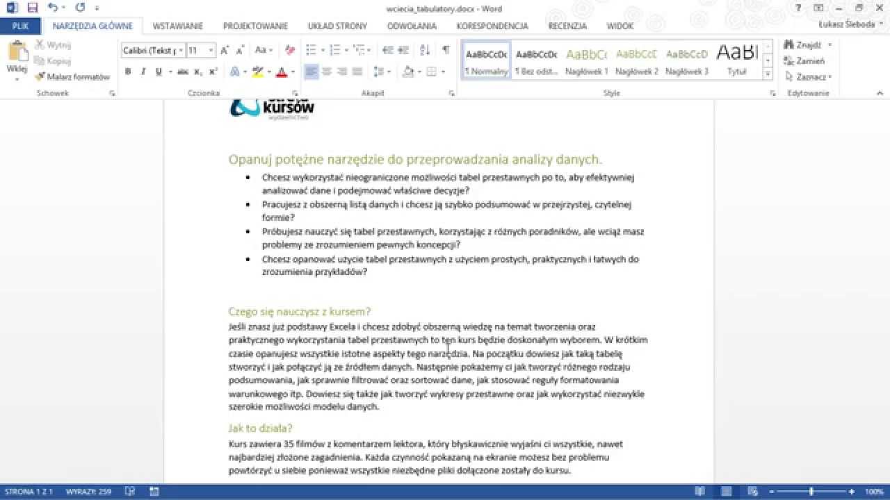 Opanuj WORD 2013 od Podstaw | Wcięcia oraz tabulatory | ▶strefakursow.pl◀ #word #microsoftword