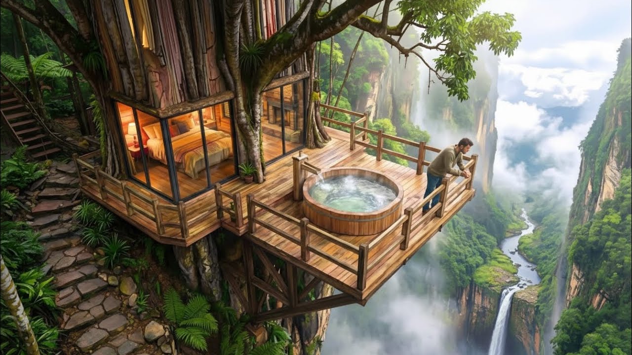 Building a Modern Tree House on a High Cliff Above a Powerful Waterfall 