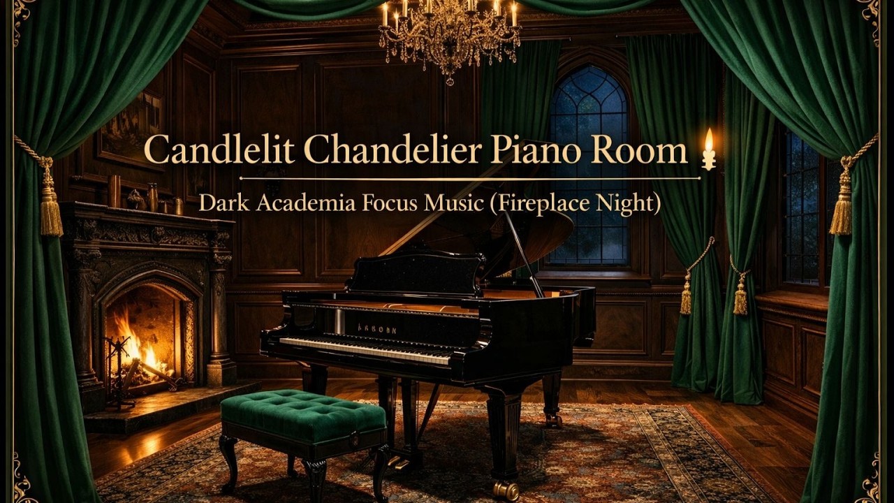 Candlelit Chandelier Piano Room 🕯 Dark Academia Focus Music (Fireplace Night)