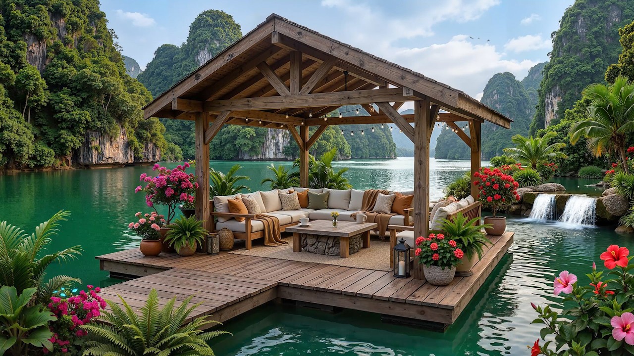 Cozy Outdoor Cafe Ambience With Relaxing Jazz☕ Soft Jazz Music With Nature Therapy For Relaxing