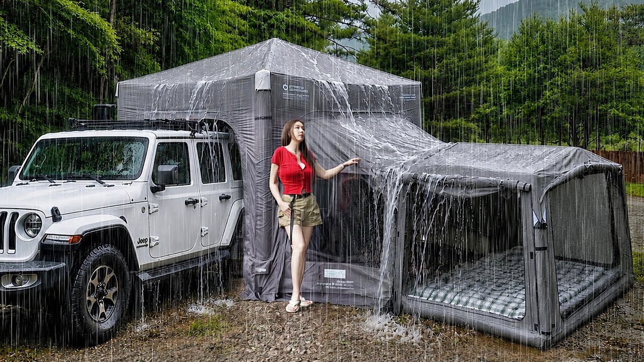 Camping in the rain in a special tent that connects four rooms and cars