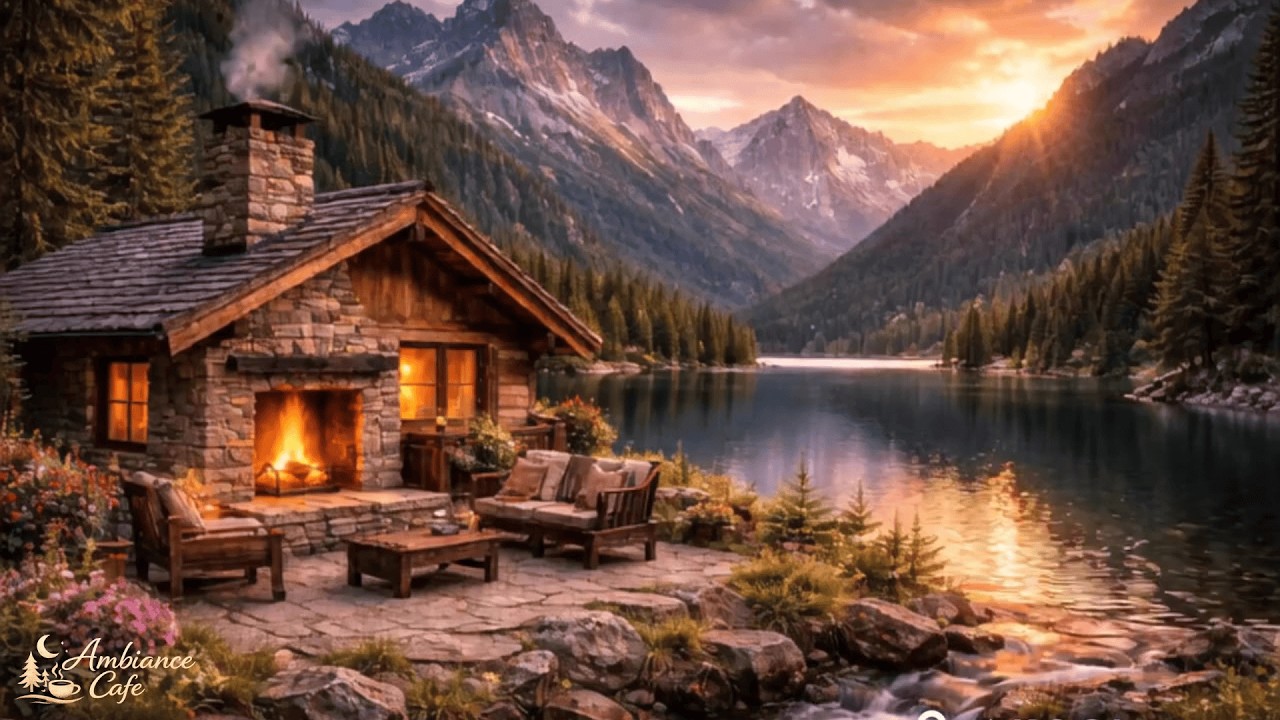 Sunset Reflections at an Alpine Lake Cabin | Fireside Silence in the Mountains
