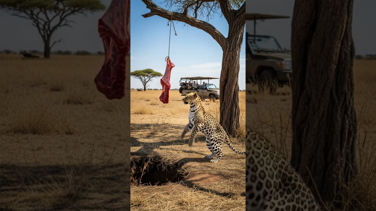 Can the young leopard secure the hanging grip against all odds 