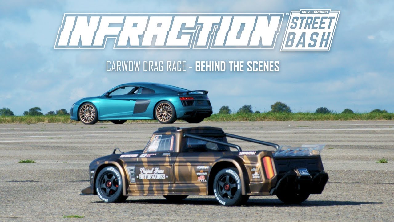 Behind The Scenes // ARRMA INFRACTION 8S vs AUDI R8 V10 vs AMG G63 vs Race Drone - carwow Drag Race