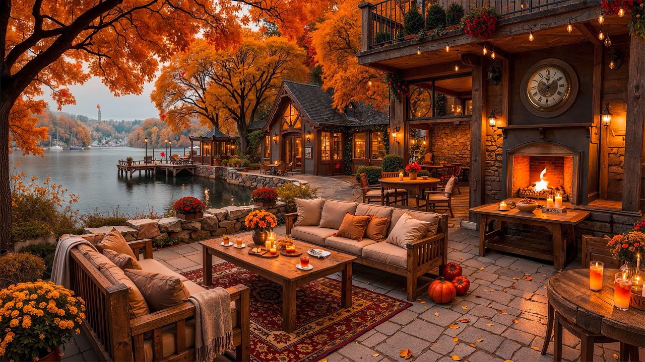 Cozy Fall Porch Ambience 🍂 Smooth Jazz Instrumental Music & Crackling Fireplace for Relax, Working