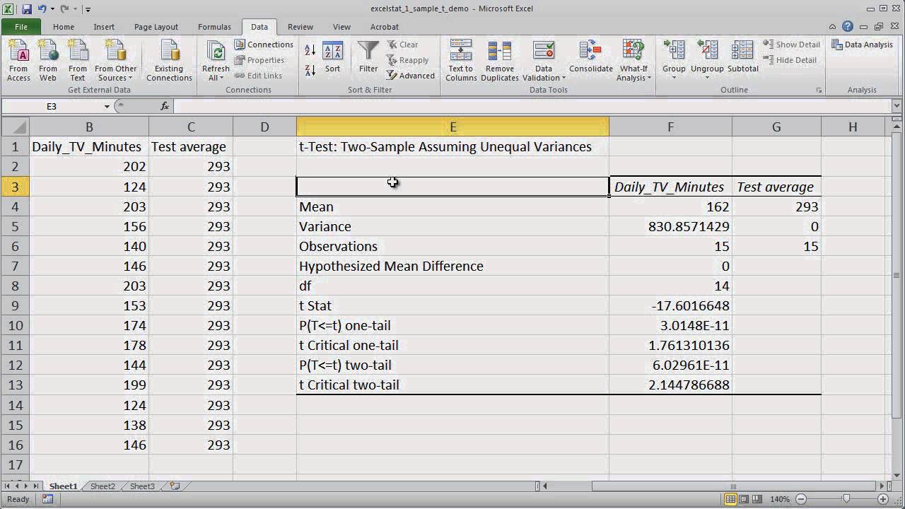 Conducting a one sample t test in Microsoft Excel 2010