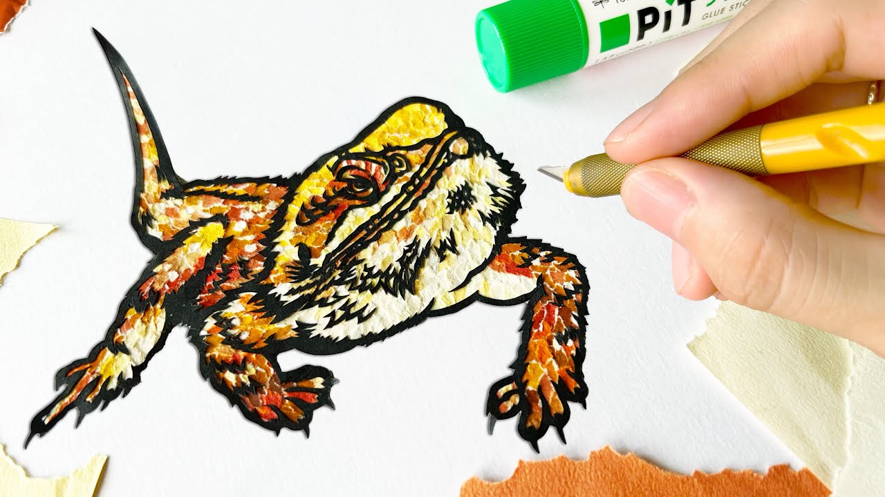 【ちぎり絵×切り絵】でトカゲを描きました🦎🧡#art #papercraft #origami #lizard #折紙 #ちぎり絵 #切り絵 #フトアゴヒゲトカゲ