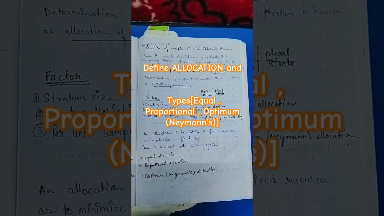 Define ALLOCATION and Types[Equal , Proportional , Optimum (Neymann's)] #allocation #neymaan's #bsc