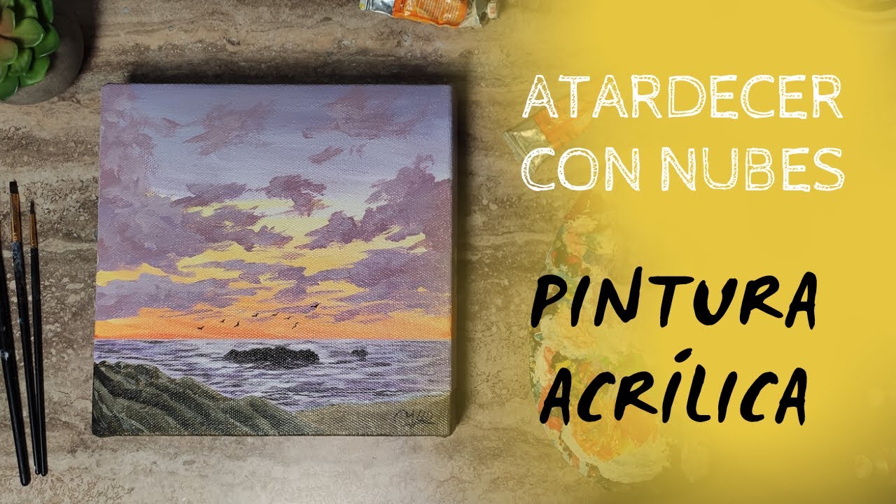 acrylic painting | pintando atardecer con nubes y playa | pintura acrílica..