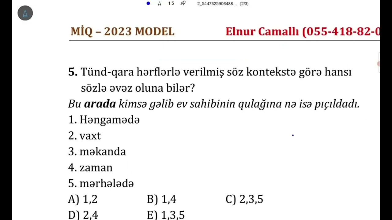 İbtidai Azərbaycan dili MİQ 2023 imtahanı nümunəsi suallar / 1 -  Elnur Camallı.