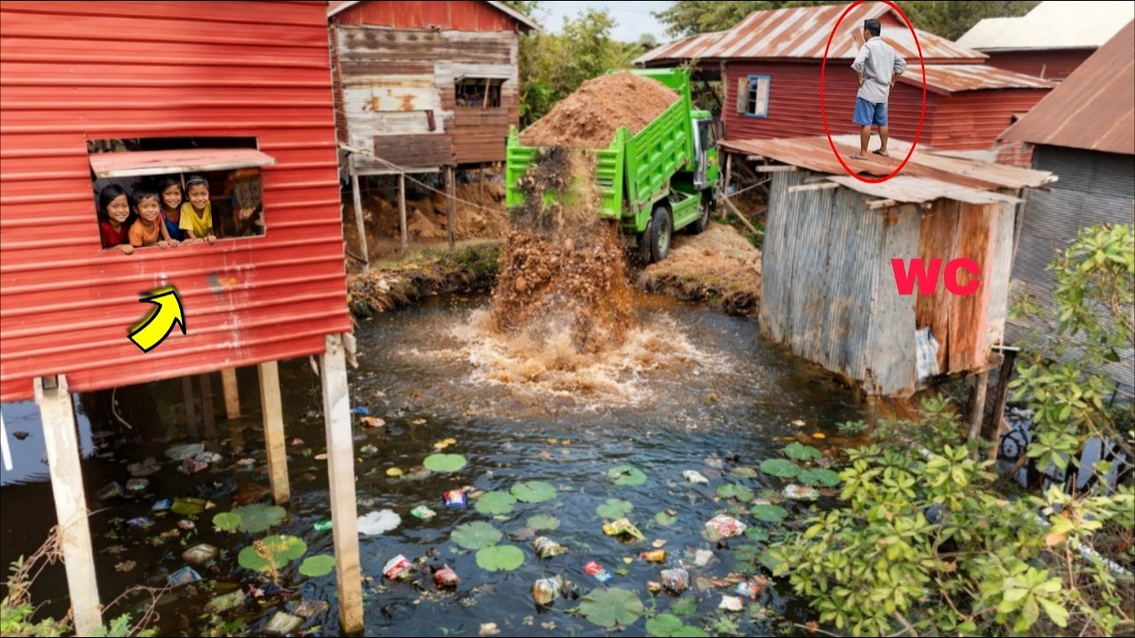 Amazing Working Fill Land In The Flooded Village Process by Bulldozer Komat'su with Dump Truck Unloa