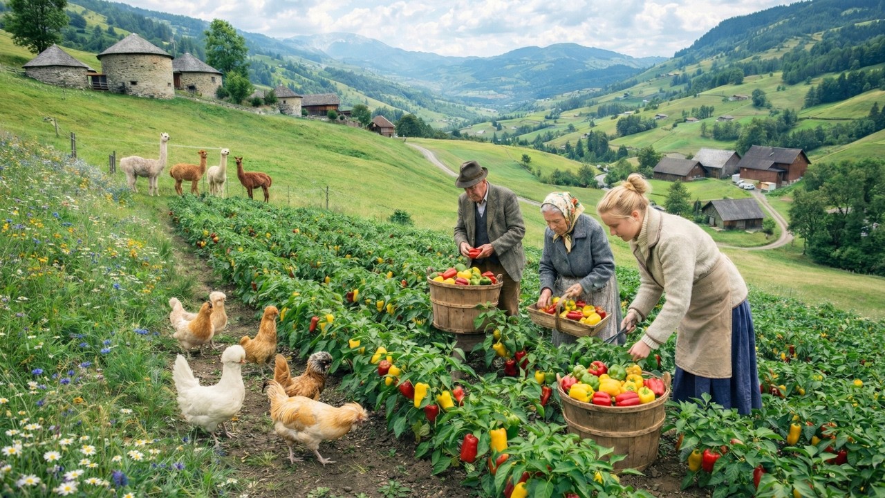 Peaceful Countryside Garden Harvest - Growing and Picking Farm - Fresh Bell Peppers