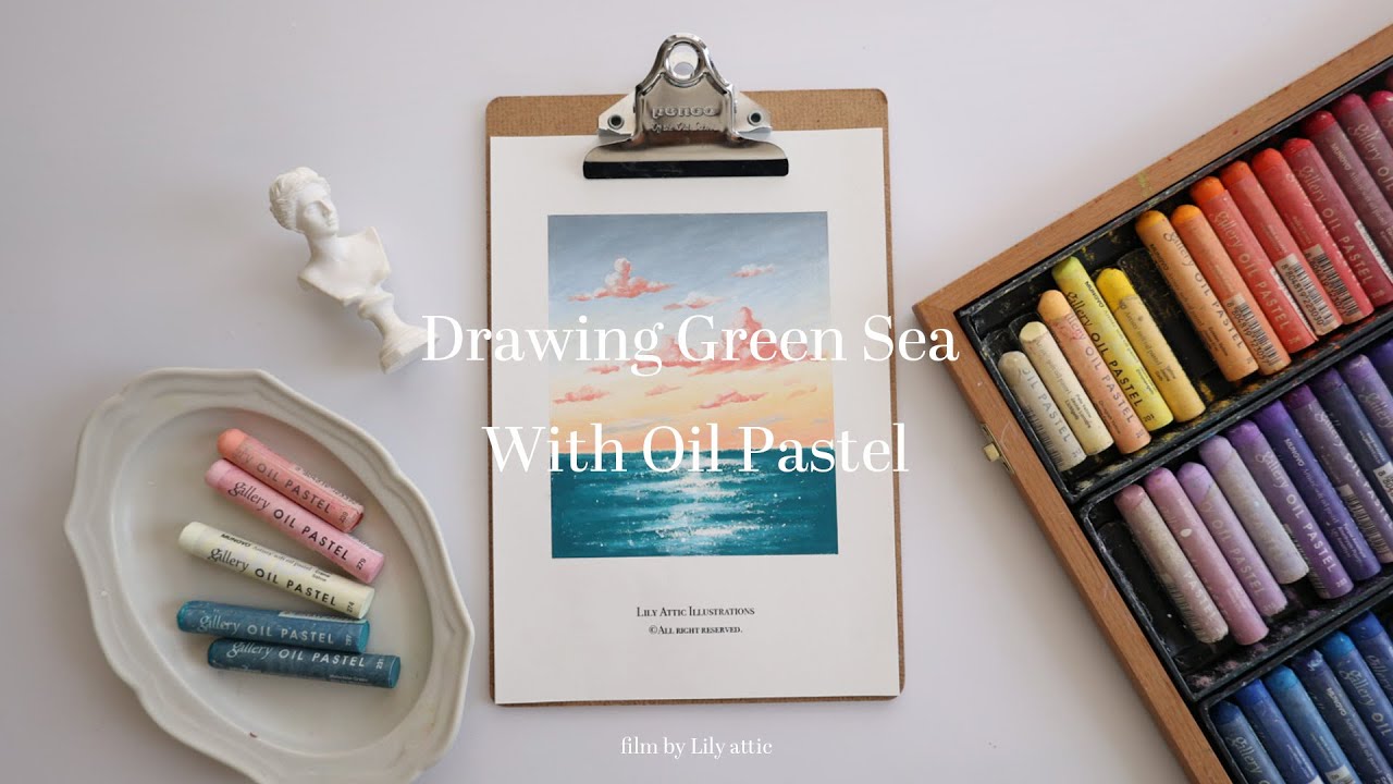 Drawing Green Sea With Oil Pastel    |    オイルパステルで描く海と空