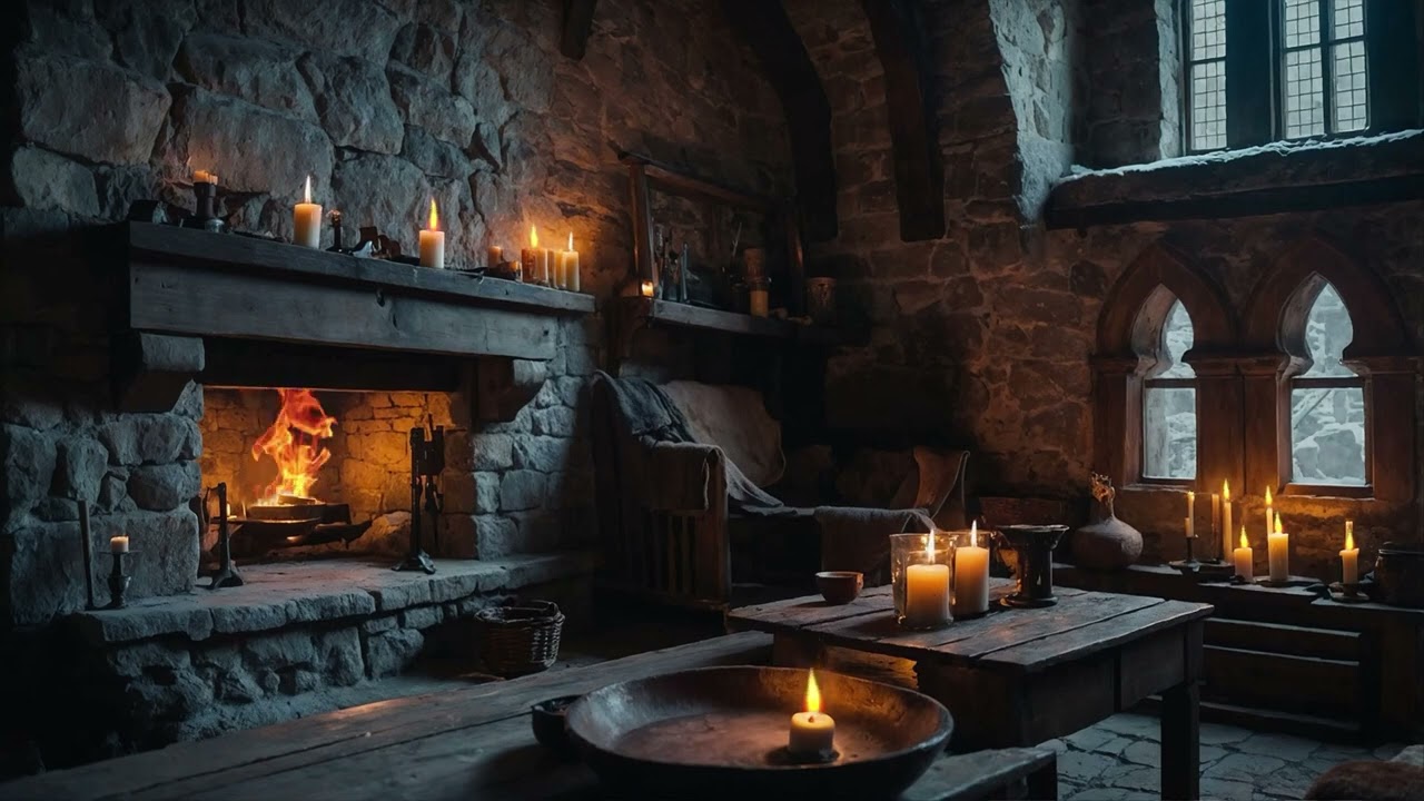 Medieval Fireplace & Candlelit Room | Cozy Winter Ambience | Snow & Wind | 4K ASMR | Relax | 10 Hour
