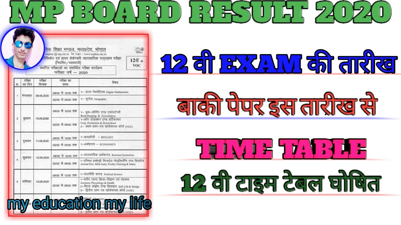 Mp board Result 2020 mp board 12th class TIME TABLE amp board offcial update
