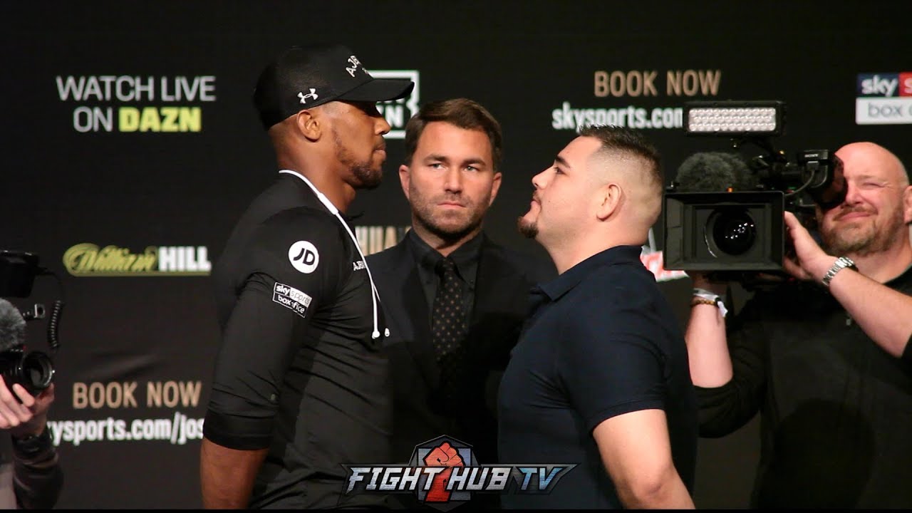 ANTHONY JOSHUA TOWERS OVER ANDY RUIZ DURING THEIR FIRST EVER FACE OFF IN NEW YORK - FULL VIDEO