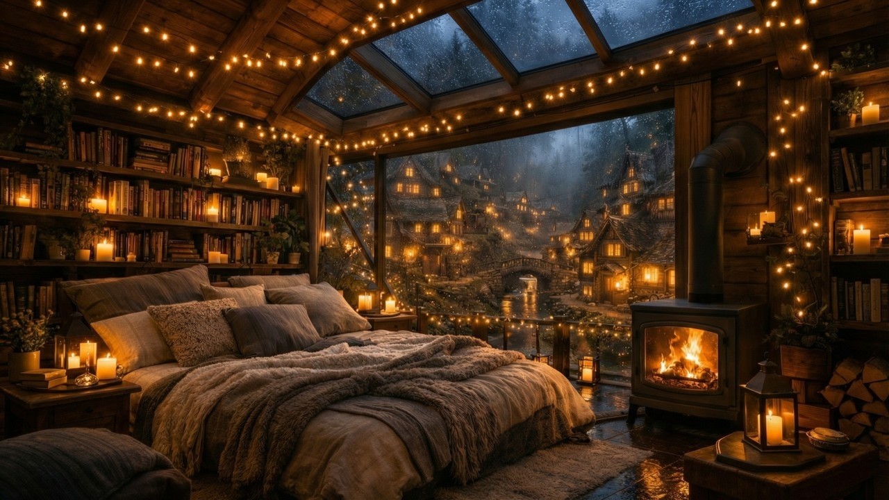 Cozy Cabin Rain at Night 🌧 Fireplace & Village Ambience (10 Hours)