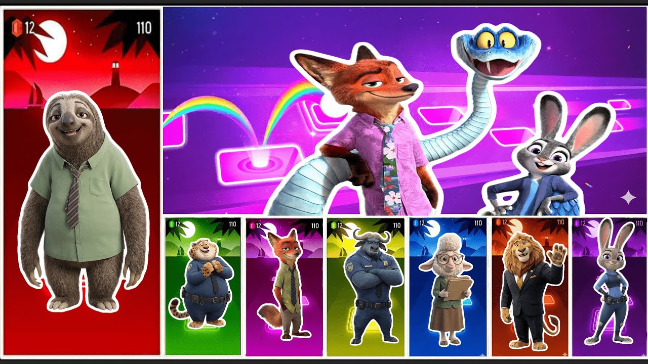 Zootopia Tiles hop Edm Rush:Bellwether🆚Mayor Lionheart🆚McHorn🆚Nick Wilde🆚Clawhauser🆚Flash