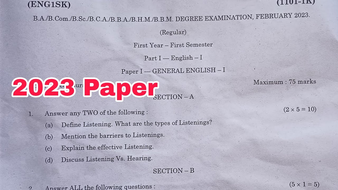 1sem English question paper 2023 year || Degree 1st semester English 2023 Question Paper UGExams2023
