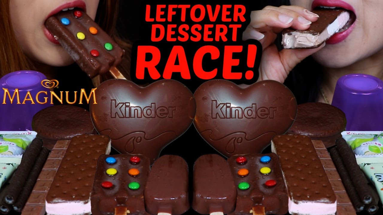 ASMR LEFTOVER DESSERT RACE! KINDER LOVE CHOCOLATE, M&MS ICE CREAM BAR, MINI MAGNUM, MILKA MILKINI 먹방