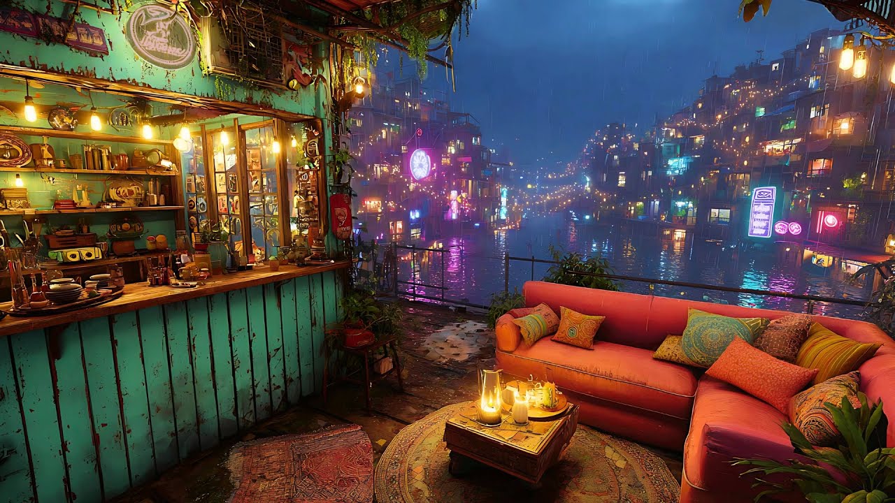 Lofi Nest &ndash; Riverside Neon Nights | Chill Lo-fi Beats with Rain and Flowing Water