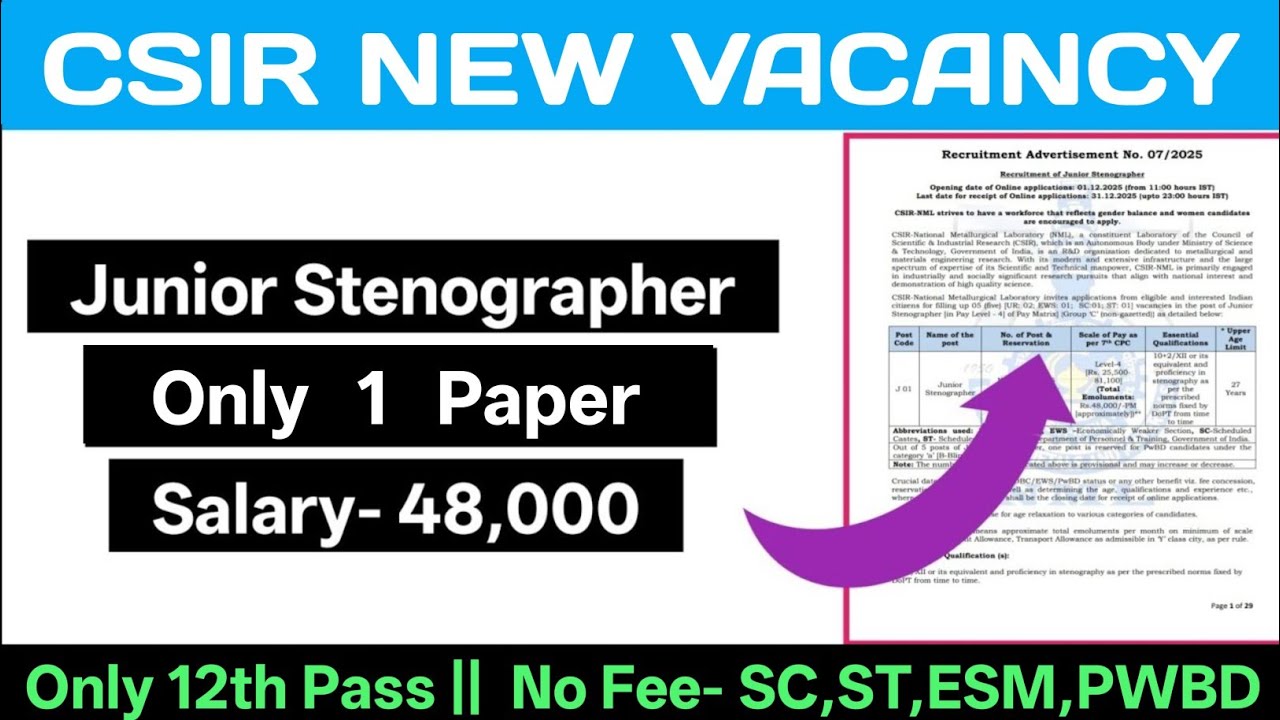 CSIR NML NEW RECRUITMENT | CSIR JUNIOR STENOGRAPHER NEW VACANCY | CSIR JHARKHAND NEW RECRUITMENT